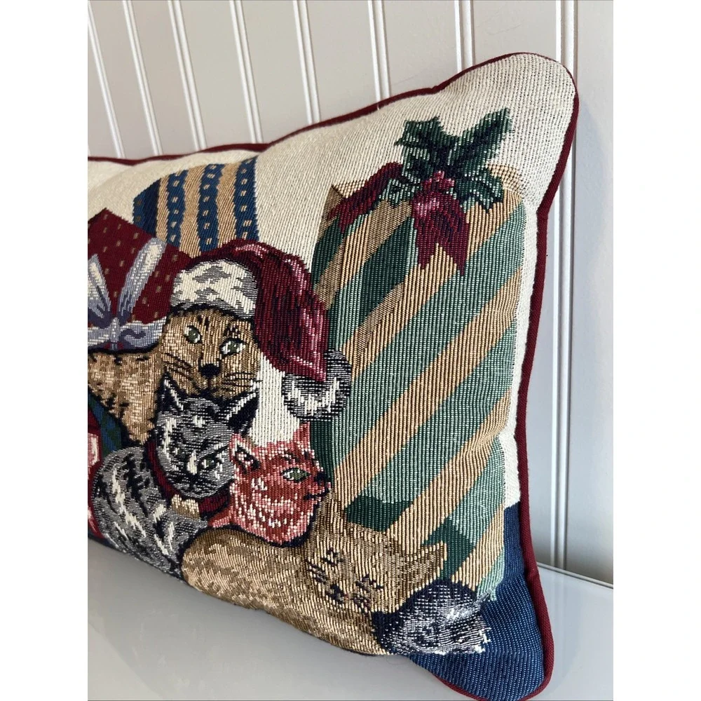 Christmas Cat Kitten Gifts Holly Santa Hat Tapestry Pillow Rectangular Used